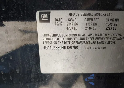 2017 Chevrolet Impala 1Lt из США, поврежденный, VIN 1G1105S39HU189768